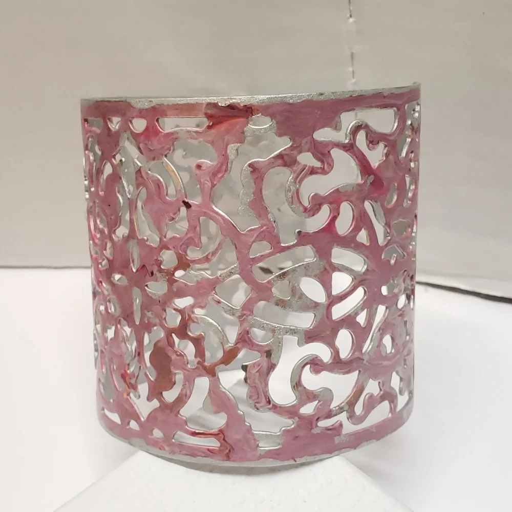 Hand Painted Abstract Pink & Silver Cuff Bracelet Filigree Statement Bracelet